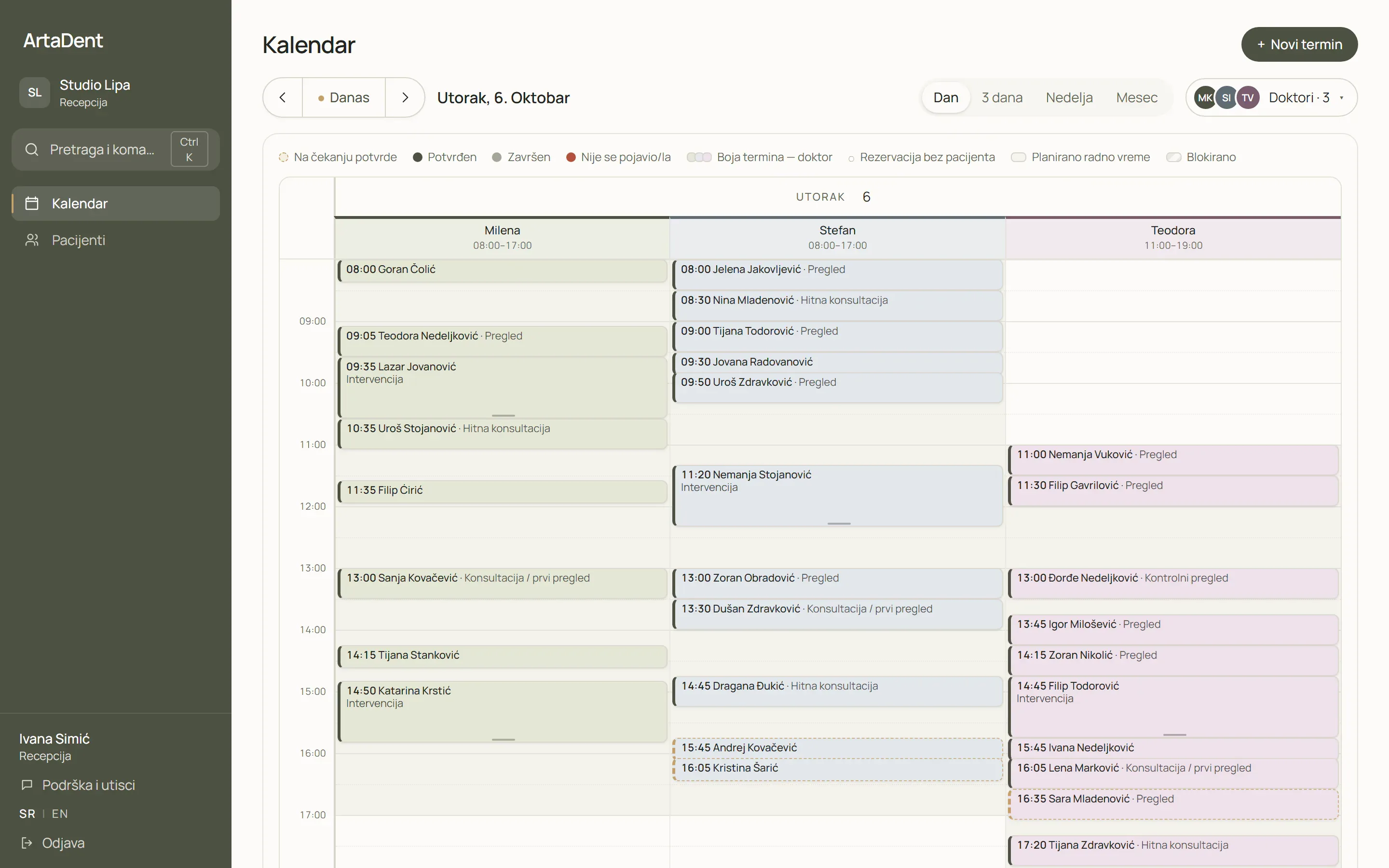 Kalendar recepcije u ArtaDent-u: dnevni prikaz termina za tri stomatologa.