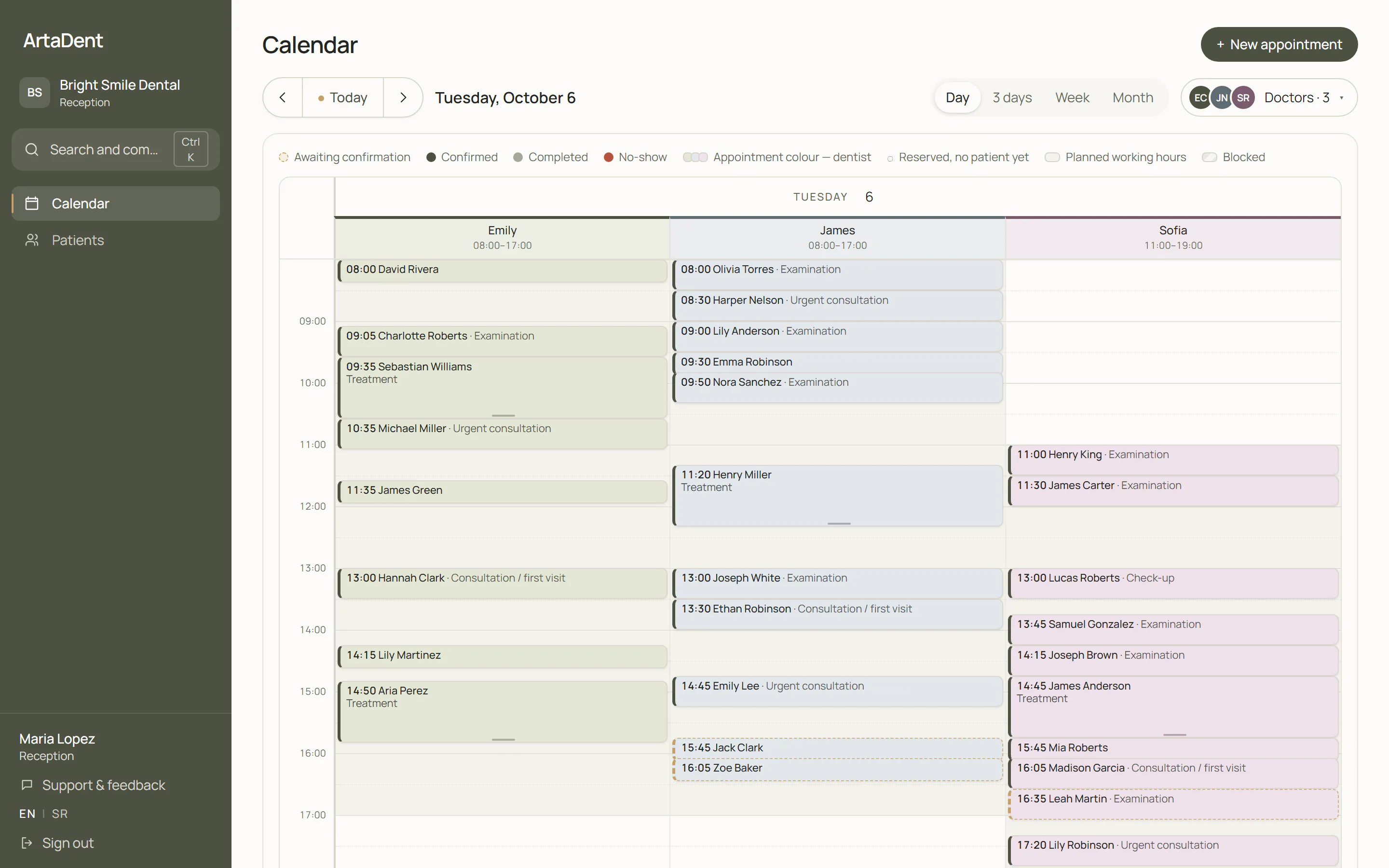 ArtaDent reception calendar: a day view of appointments for three dentists.
